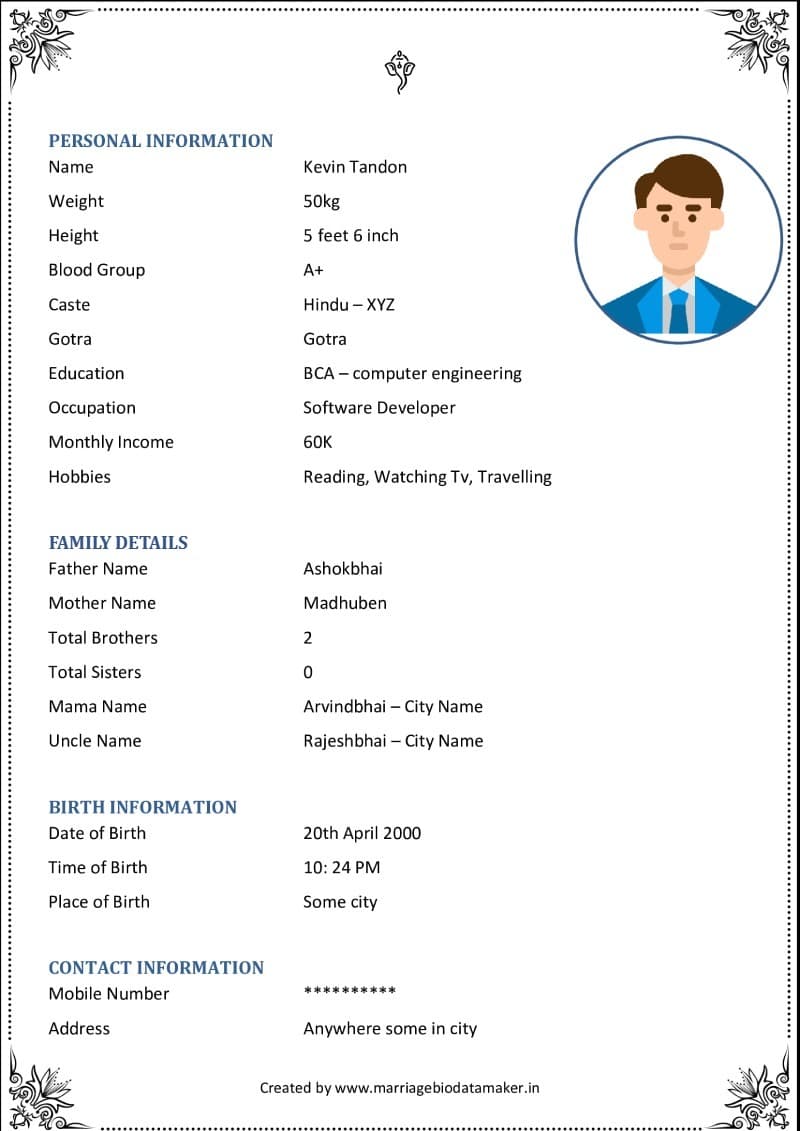 Marriage biodata format in Word – Floral corners
